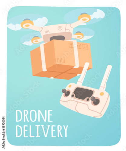 Drone package delivery service sticker. Cardboard box shipment with flying wireless multicopter drone propeller device and remote control. Order transportation concept flat vector illustration