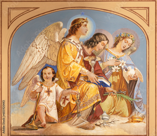VICENZA, ITALY - NOVEMBER 7, 2023: The fresco of angels with the symbols of New Testament in church Chiesa di Santa Lucia by Rocco Pittaco (1862).