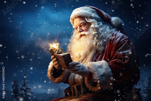 Santa Claus in Starry Night Opening Christmas Gifts