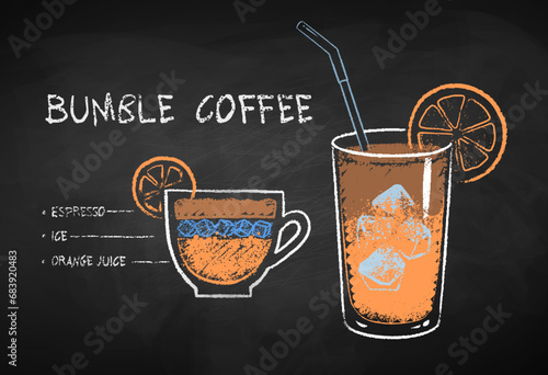 Vector chalk drawn infographic illustration of Bumble Coffee recipe on chalkboard background.