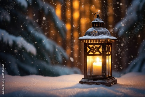 Serene Winter Evening with Lantern on Snow and Fir