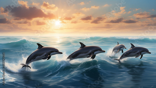 A pod of dolphins leaping gracefully AI-Generative © Max_T