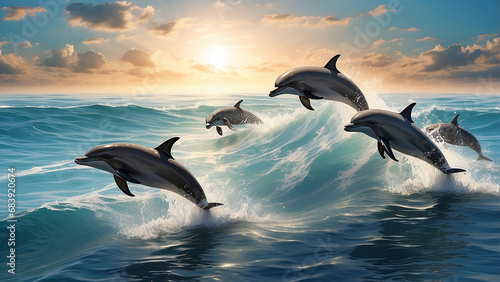 A pod of dolphins leaping gracefully AI-Generative © Max_T