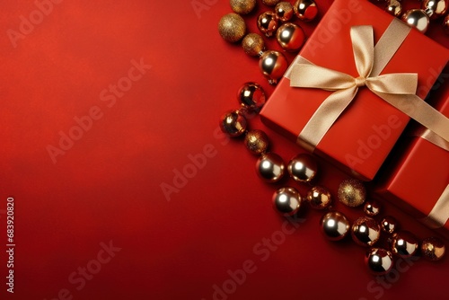 Stylish Christmas Gift and Baubles on Red Flat Lay