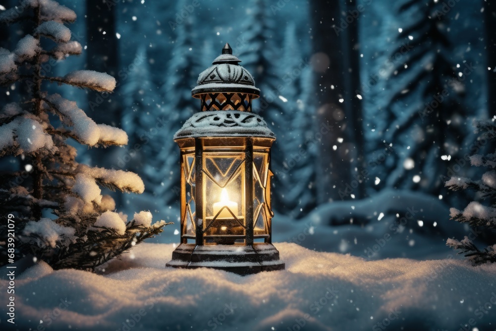 Winter Wonderland with Glowing Lantern and Fir in Snow