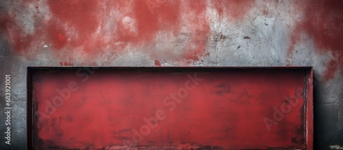 On the vintage red wall, an abstract design framed by a textured, grunge retro tray showcases the industrial beauty of old steel and iron in a metallic representation.