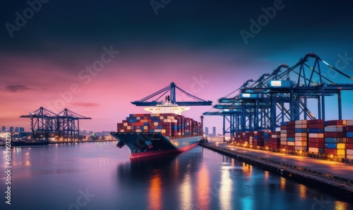 Container ship in seaport at night, Global business logistic import export freight shipping transportation oversea worldwide container ship, Container, Generative AI  photo