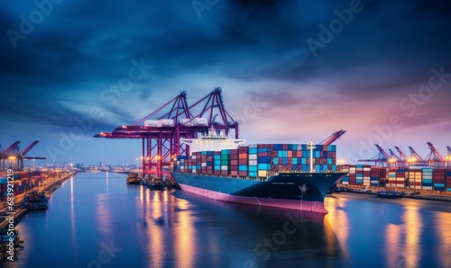 Container ship in seaport at night, Global business logistic import export freight shipping transportation oversea worldwide container ship, Container, Generative AI 