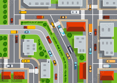 Top view of urban city. Crossroads with streets, roads, cars, houses and trees. Map with view rooftops and highways. View from above on city landscape elements  illustration