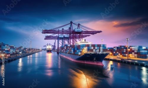 Container ship in seaport at night, Global business logistic import export freight shipping transportation oversea worldwide container ship, Container, Generative AI 