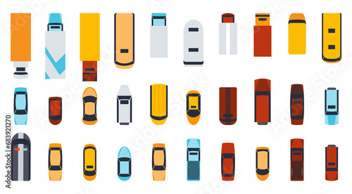 Top view of urban city element, cars. Vehicle transport icons set. Automobile car for transportation, auto car illustration