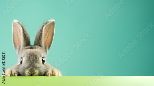 Rabbit peeking over pastel green bright background with paws