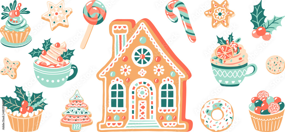 Christmas sweet-stuff food set. Holiday confection - gingerbread, candy and cupcake for winter. Hot drink with marshmallow and cream. Isolated vector illustration for flyer, poster, greeting card.