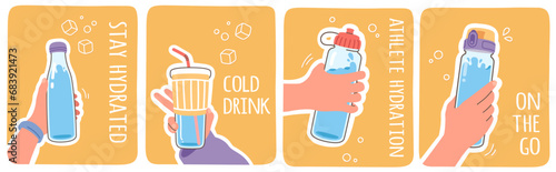 Hands holding water bottles for hydration posters set. Persons hands with reusable plastic and glass bottles with fresh water drinks liquid sticker. Healthy lifestyle concept flat vector illustration