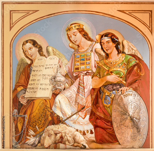 VICENZA, ITALY - NOVEMBER 7, 2023: The fresco of angels with the symbols of Old Testament in church Chiesa di Santa Lucia by Rocco Pittaco (1862).