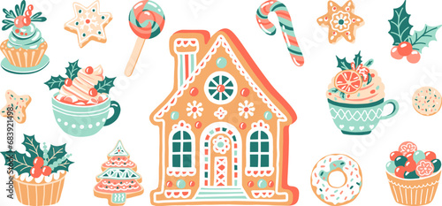 Christmas sweet-stuff food set. Holiday confection - gingerbread, candy and cupcake for winter. Hot drink with marshmallow and cream. Isolated vector illustration for flyer, poster, greeting card.