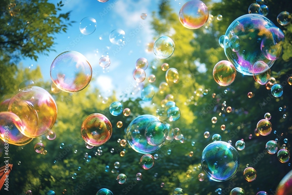Soap bubbles fly in the blue sky and green trees background.