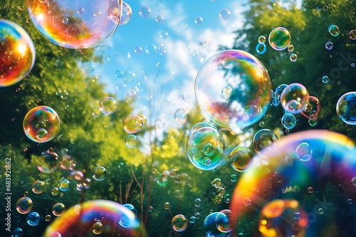 Soap bubbles fly in the air against the background of green trees and blue sky.