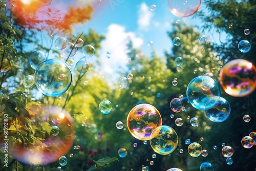 Soap bubbles fly in the air against the background of the summer landscape.