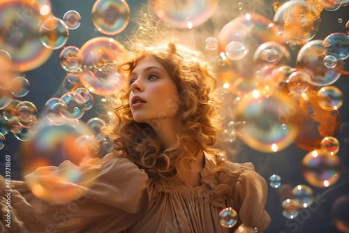 Beautiful young woman with curly hair blowing soap bubbles on dark background