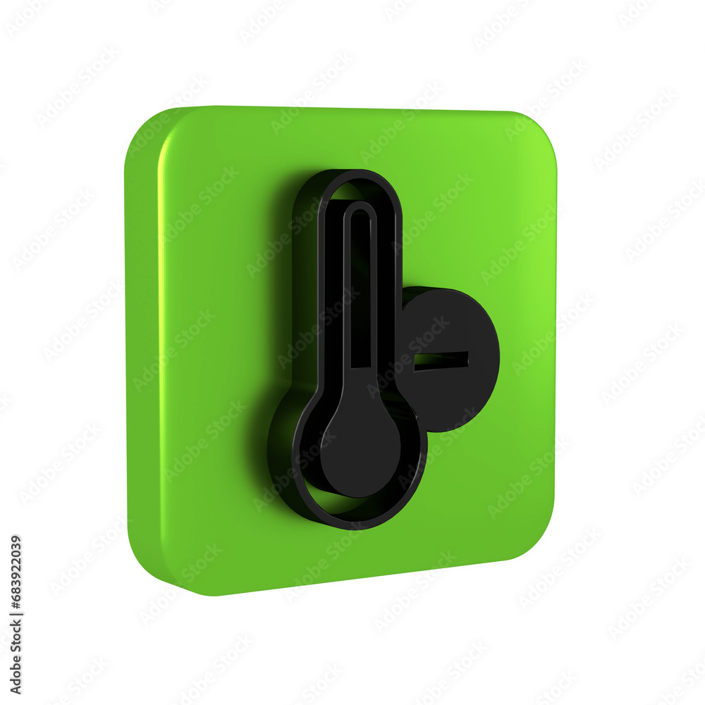 Black Meteorology thermometer measuring icon isolated on transparent background. Thermometer equipment showing hot or cold weather. Green square button. Black Meteorology thermometer measuring icon isolated on transparent background. Thermometer equipment showing hot or cold weather. Green square button.