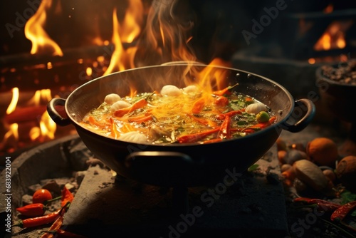 A pan of food cooking over an open fire. This image can be used to depict outdoor cooking, camping, or traditional cooking methods