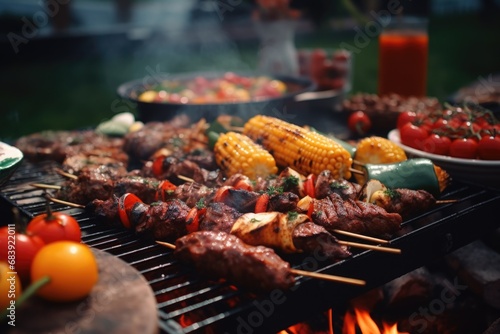 A collection of various delicious foods cooking on a grill. Perfect for barbecue parties and outdoor gatherings