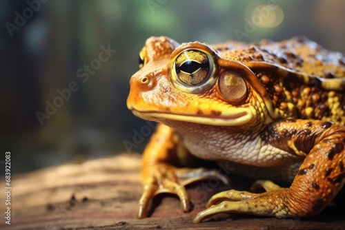A frog perched on top of a piece of wood. This image can be used to depict nature  wildlife  or a peaceful outdoor setting