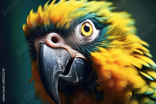 A close-up view of a parrot's face with a vibrant green background. This image can be used to add a touch of color and nature to various projects