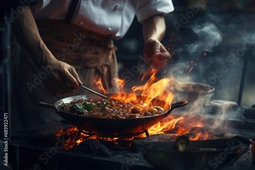 A person is seen cooking food on a fire using a frying pan. This image can be used to depict outdoor cooking or camping activities