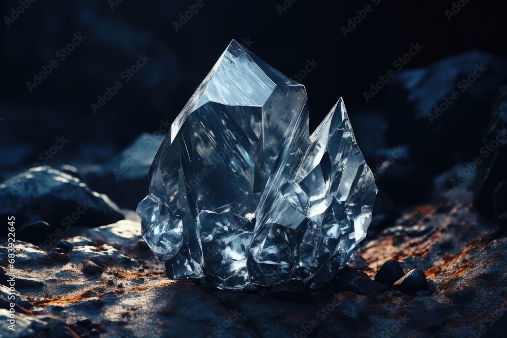 A crystal resting on a rock in a dark setting. This image can be used to depict mystery, beauty, or the concept of finding light in darkness A crystal resting on a rock in a dark setting. This image can be used to depict mystery, beauty, or the concept of finding light in darkness