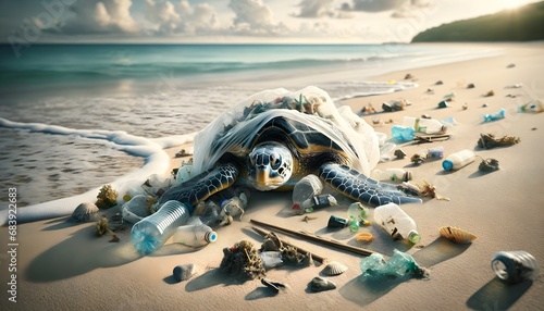 Turtle trapped in plastic bag, Save animal concept