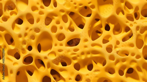 Seamless close-up texture of yellow porous sponge with irregular holes photo