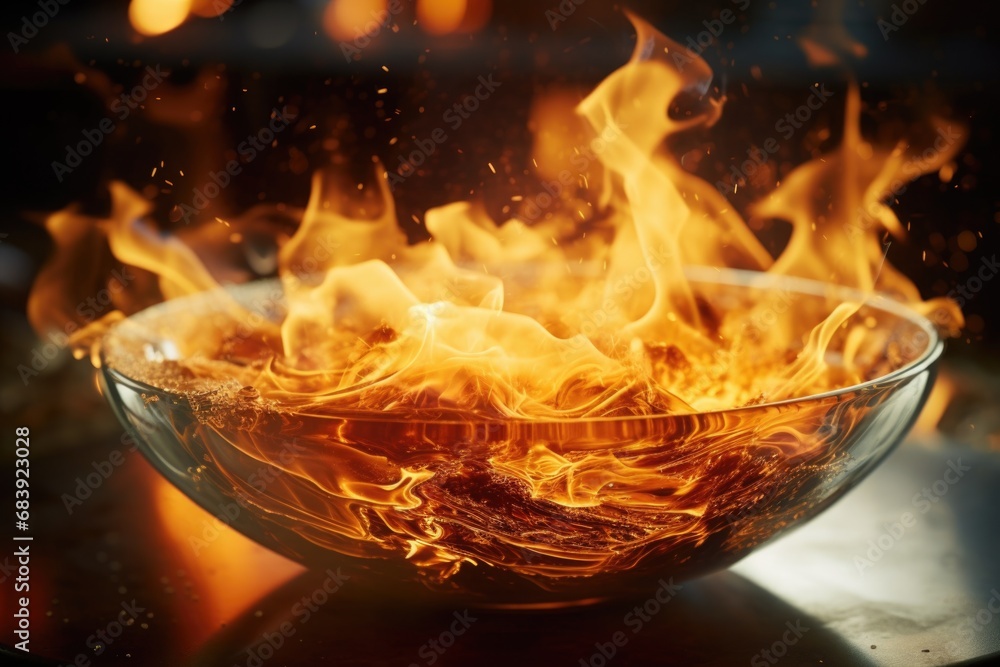 A captivating image of a bowl of fire displayed on a table. This picture can be used to create a fiery atmosphere or symbolize passion and intensity.