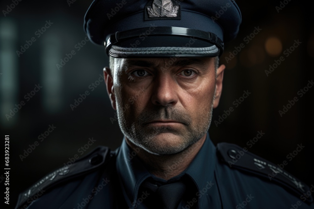 A man dressed in a police uniform looks directly at the camera. This image can be used to depict law enforcement, security, or protection A man dressed in a police uniform looks directly at the camera. This image can be used to depict law enforcement, security, or protection
