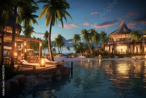 Picturesque Tropical island sunset sea. Water palm tree. Generate Ai