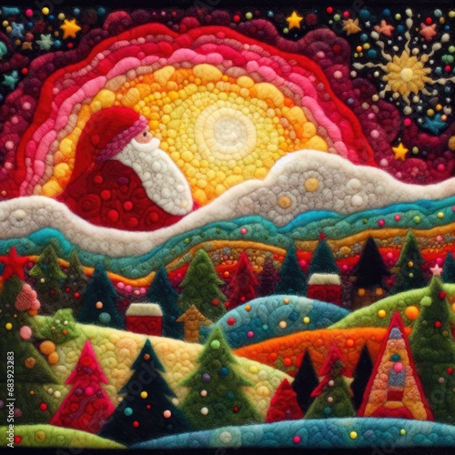 Santa claus sunrise quilt, christmas felt patchwork. © Let's-Get-Creative
