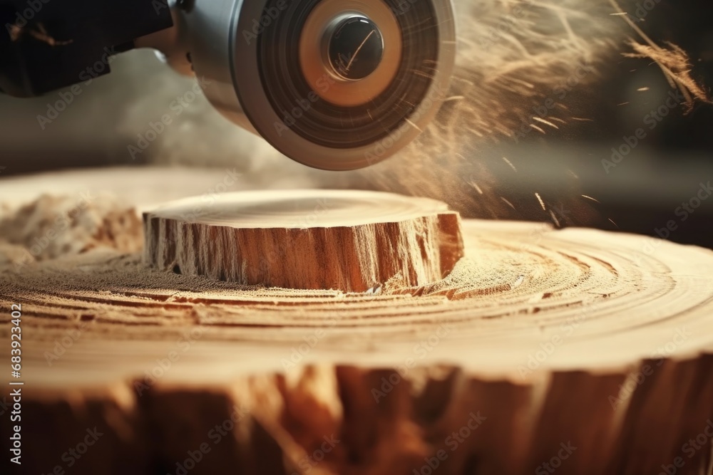 A person using a grinder to grind a piece of wood. This image can be used to depict woodworking, carpentry, or DIY projects A person using a grinder to grind a piece of wood. This image can be used to depict woodworking, carpentry, or DIY projects