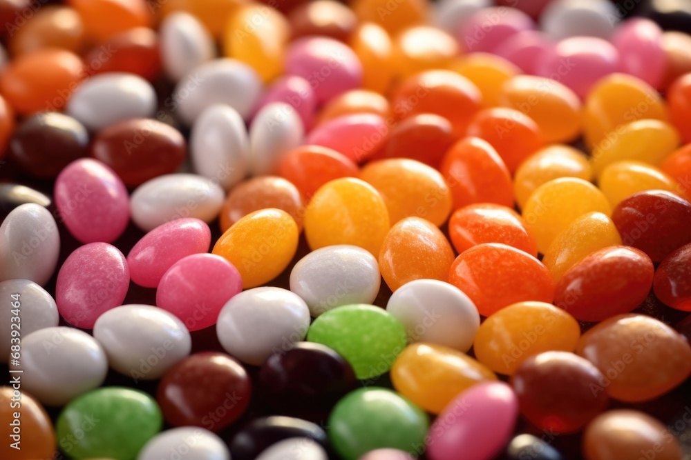 A close-up view of a pile of vibrant and colorful jelly beans. This image can be used to add a pop of color and sweetness to any project A close-up view of a pile of vibrant and colorful jelly beans. This image can be used to add a pop of color and sweetness to any project