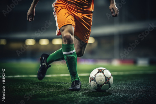 A soccer player in action, dribbling a soccer ball on a field. This image can be used to depict a variety of sports concepts and activities © Ева Поликарпова