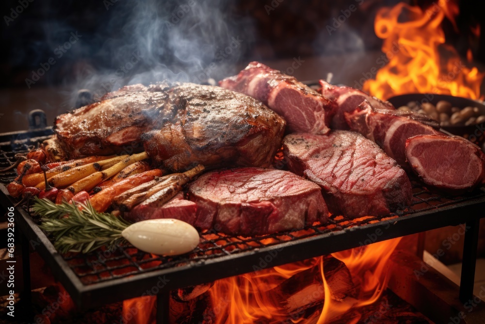 A picture of a grill with meat and vegetables cooking on it. This image can be used to showcase outdoor cooking, barbecues, or food preparation - obrazy, fototapety, plakaty 