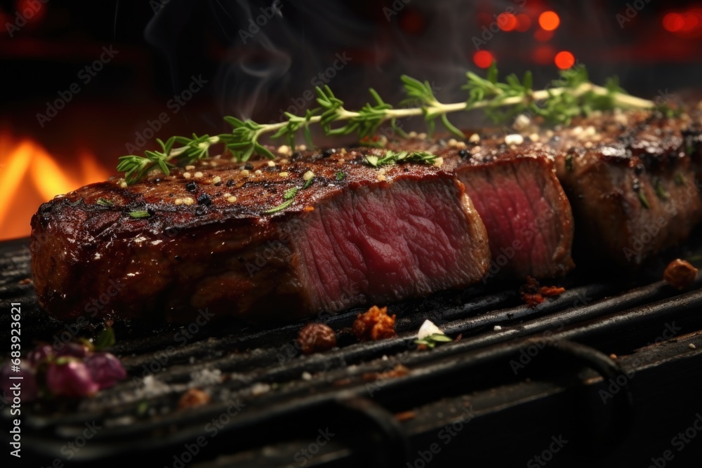 A mouthwatering steak sizzling on a grill with flames in the background. Perfect for barbecues and outdoor cooking A mouthwatering steak sizzling on a grill with flames in the background. Perfect for barbecues and outdoor cooking
