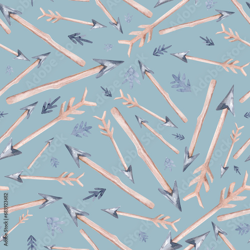 Seamless pattern of colored feathers and romantic arrows painted with watercolors on a white background