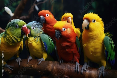 A group of colorful parrots sitting on a branch. This vibrant image captures the beauty and diversity of these tropical birds. Perfect for nature enthusiasts and bird lovers. © Ева Поликарпова