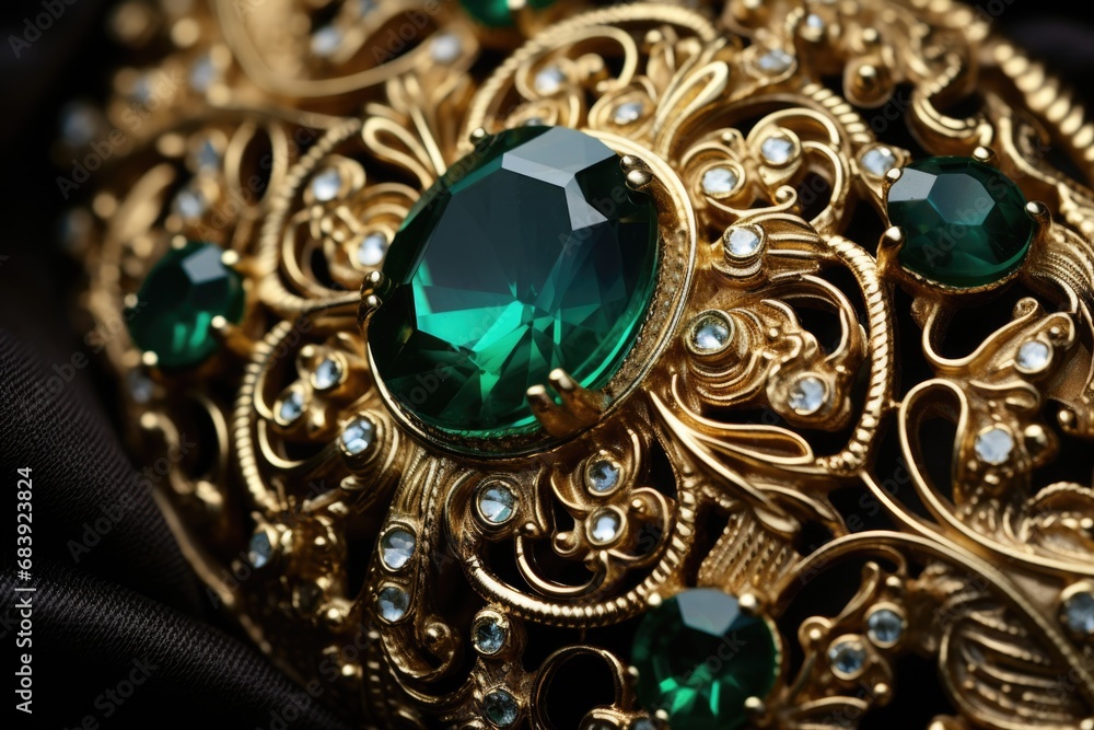 A detailed close-up shot of a brooch adorned with stunning green stones. Perfect for adding a touch of elegance and sophistication to any outfit A detailed close-up shot of a brooch adorned with stunning green stones. Perfect for adding a touch of elegance and sophistication to any outfit