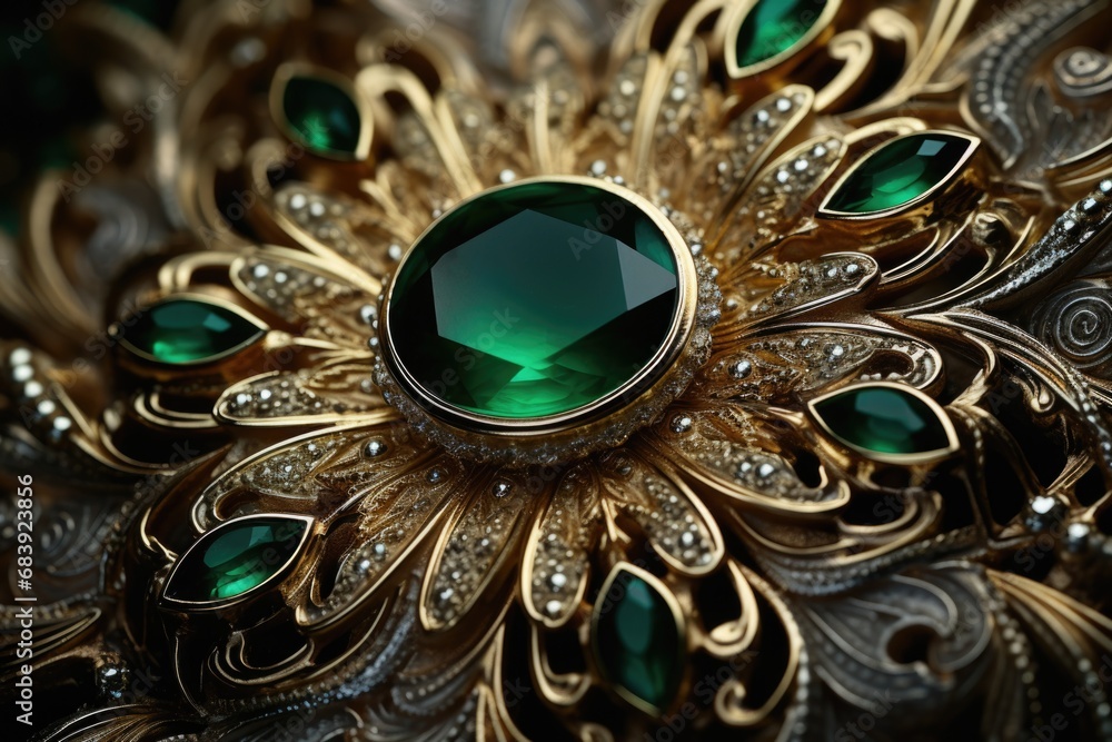 A detailed close-up shot of a brooch adorned with beautiful green stones. Perfect for fashion or jewelry-related projects A detailed close-up shot of a brooch adorned with beautiful green stones. Perfect for fashion or jewelry-related projects