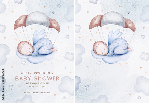 Watercolor newborn Baby Shower greeting card with babies boy. Birthday card with text space of new born baby and pregrand women invitation. photo