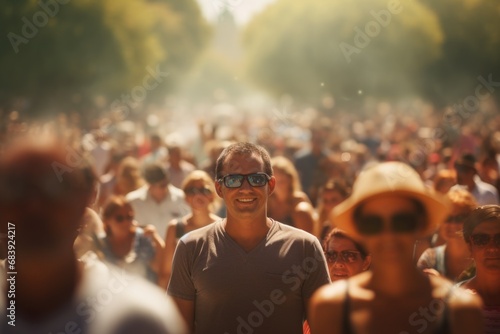 A man wearing sunglasses stands amidst a crowd of people. This image can be used to depict anonymity, individuality, or being part of a large group