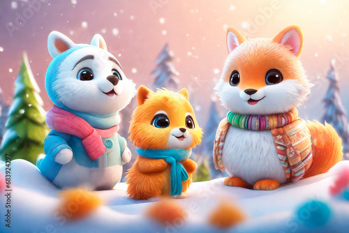 Group of cute funny animal on the background of fabulous winter forest. Cartoon animation character, anime style, 3d illustration. © elena_hramowa