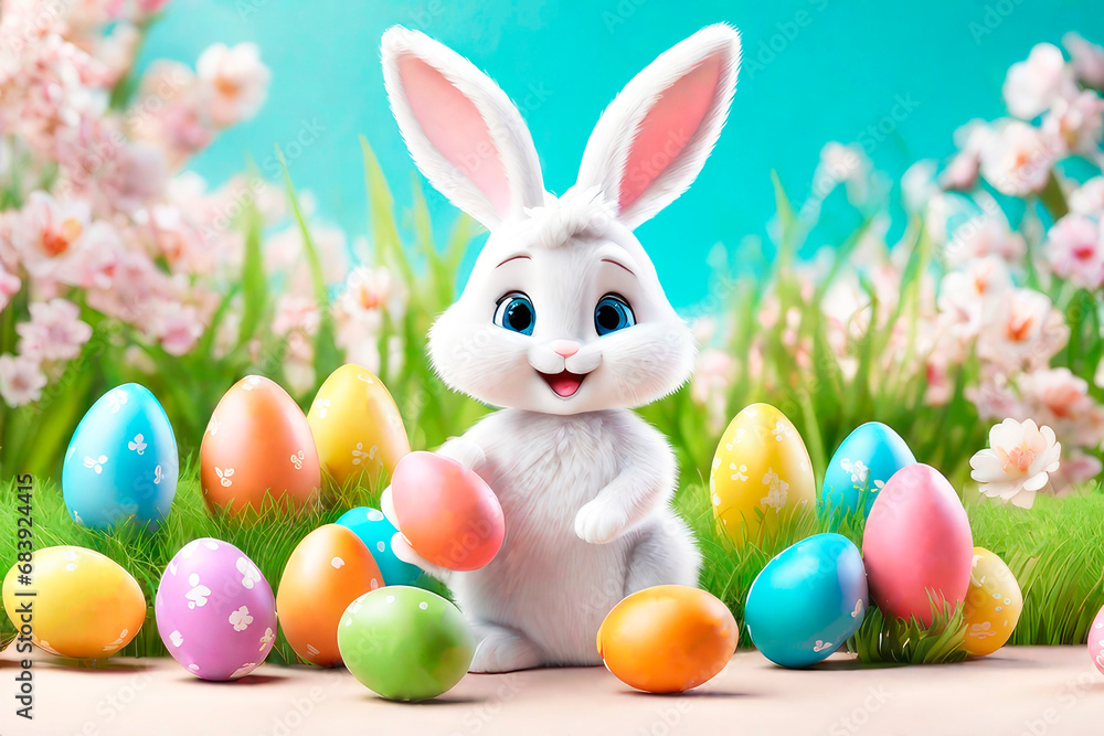 Easter greeting card. Bunny, colourful eggs and flowers, 3d render modern illuatration. Easter greeting card. Bunny, colourful eggs and flowers, 3d render modern illuatration.